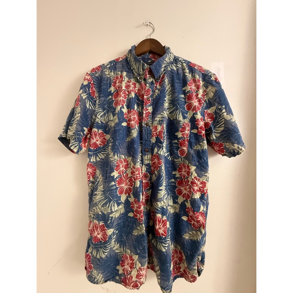 GH Bass Mens Blue Hibiscus Tropical Short Sleeve Cotton Button Down Shirt L